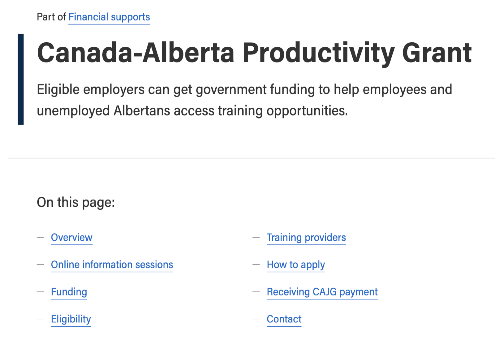 Canada-Alberta Productivity Grant page on the Government of Alberta website