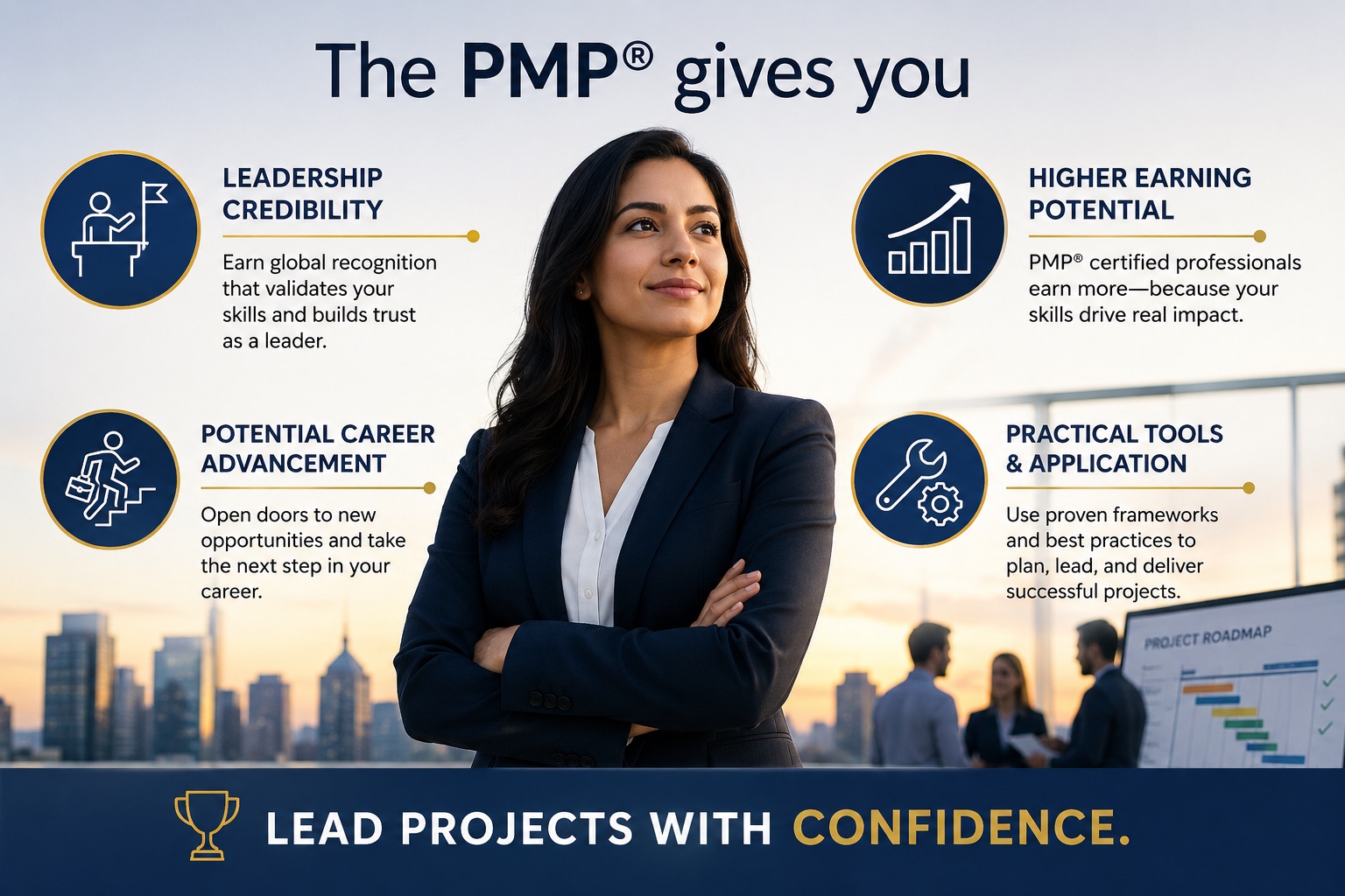 The PMP® gives you leadership credibility, potential career advancement, higher earning potential, and practical tools and application. Lead projects with confidence.