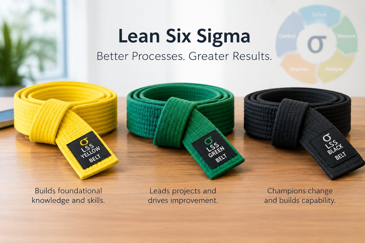 Yellow, green and black Lean Six Sigma belts