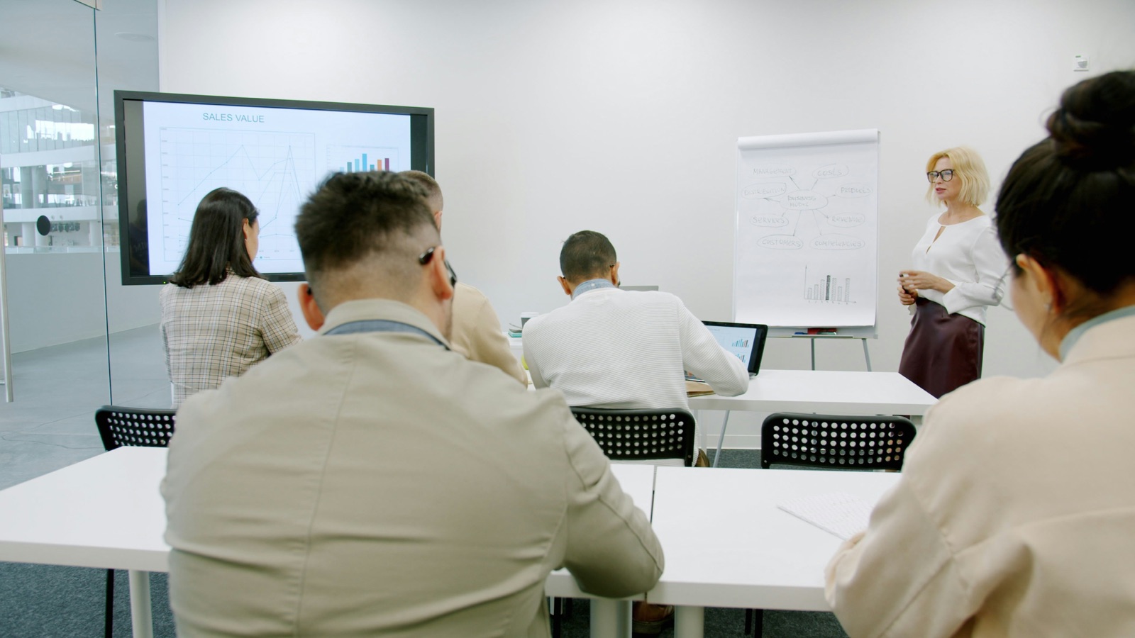 Team in a training session facing a presenter and a flip chart