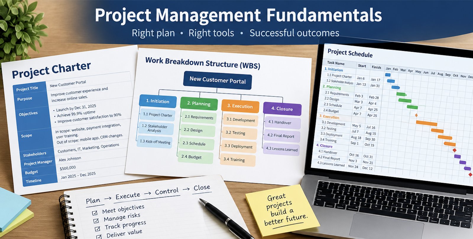 Project Management Fundamentals charter, work breakdown and schedule